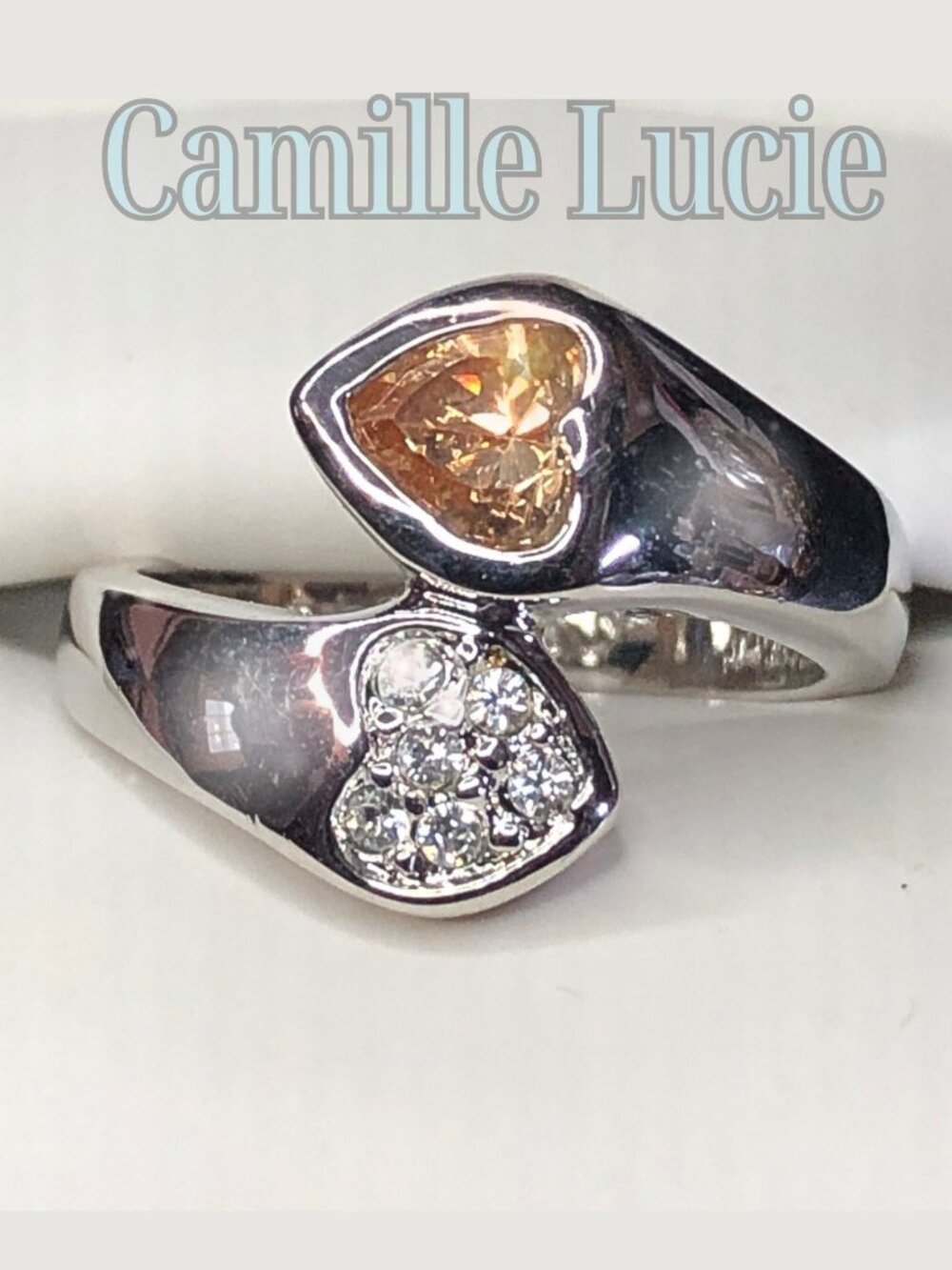 Silver Champagne CZ Heart Wrap Ring Fashion Designer Camille Lucie France S 8 &9